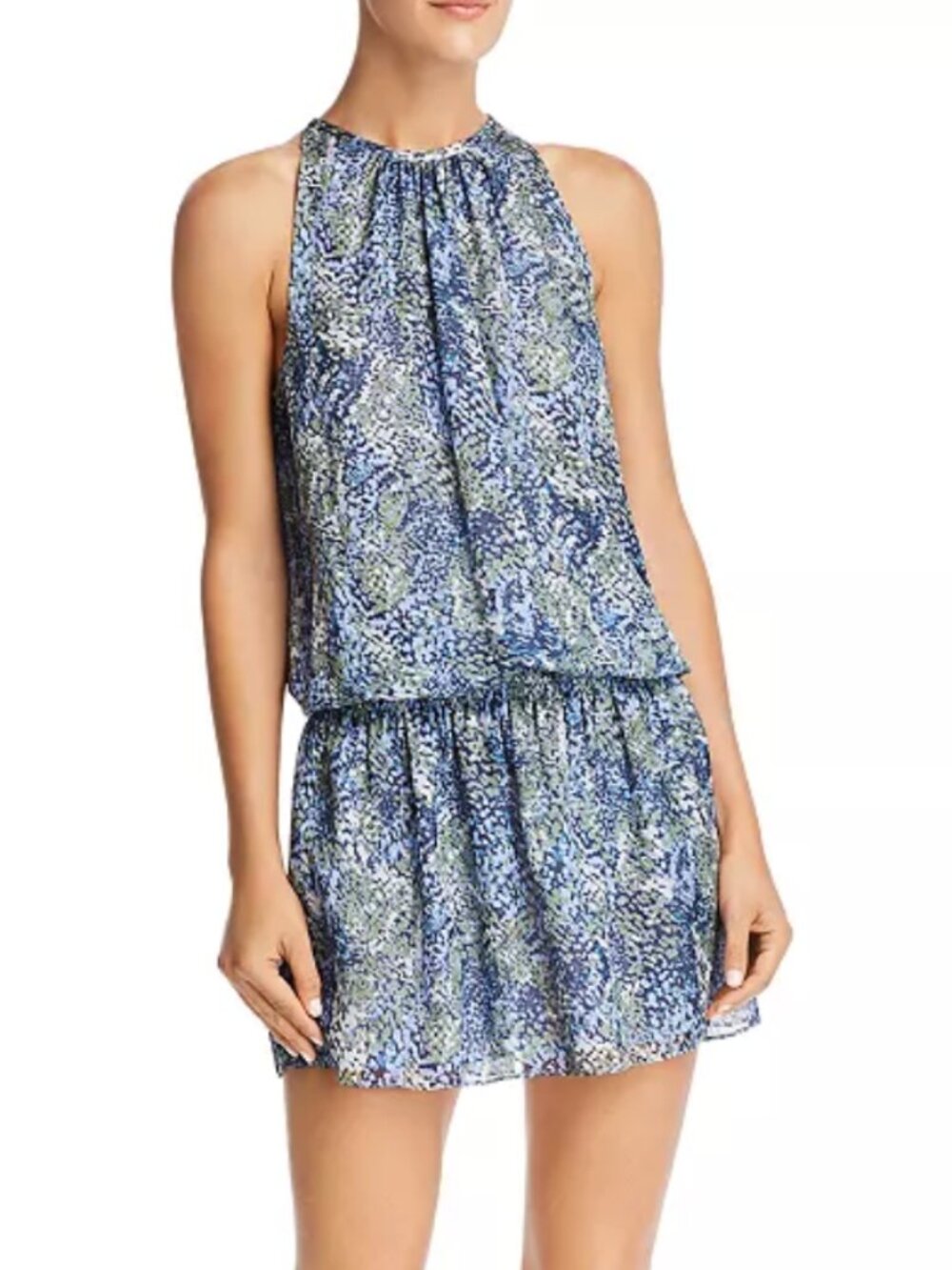 Ramy Brook Paris Silk Mini Dress Blue Print Halter Ruffle Hem Small Resort